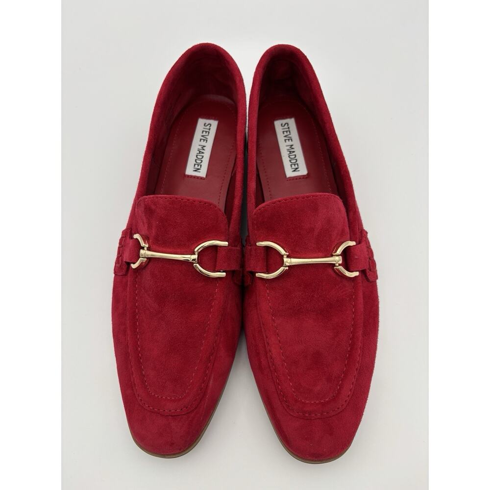 Steve Madden Suede Loafers Bright Red Size 9 Gold Horsebit Flats - Picture 16 of 16